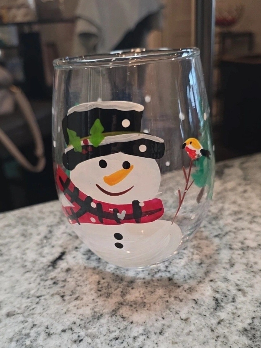 Holiday Snowman Stemless Wine Glass - Festive Red Scarf